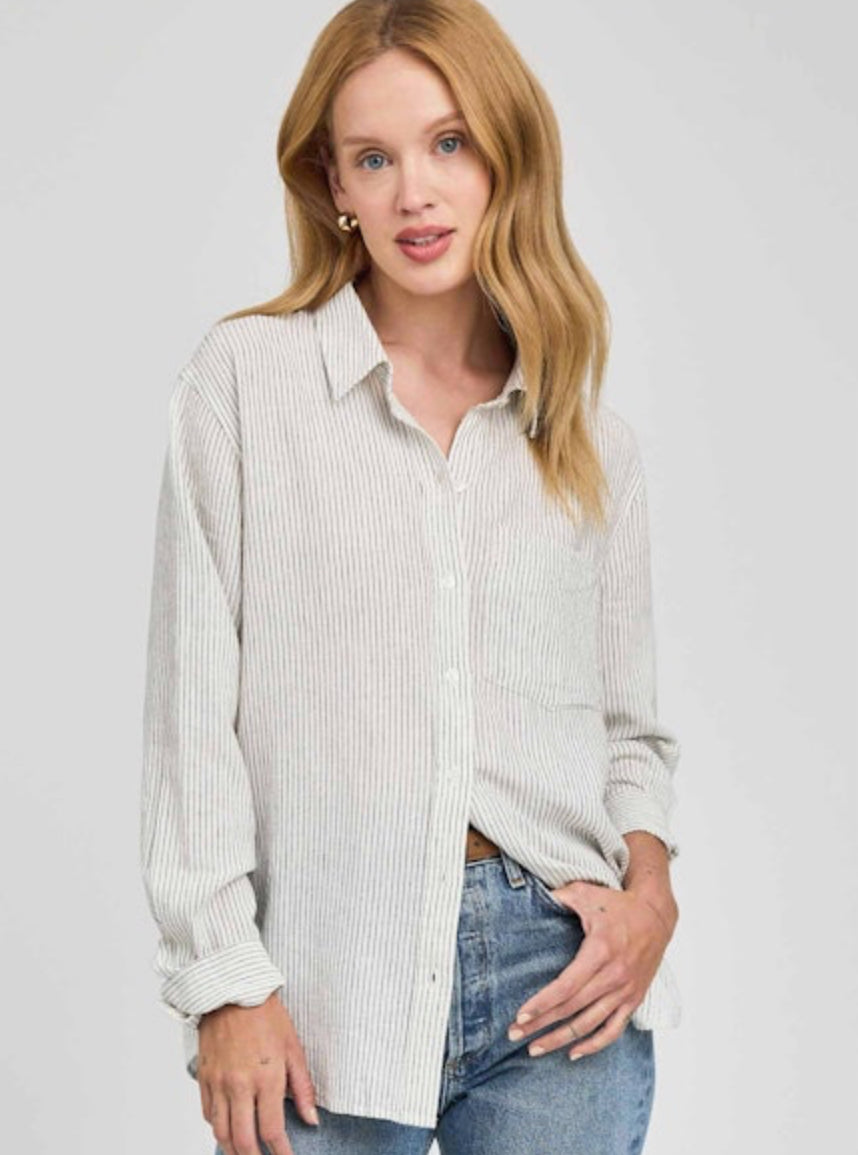 Dominique Button Front Stripe Top - White