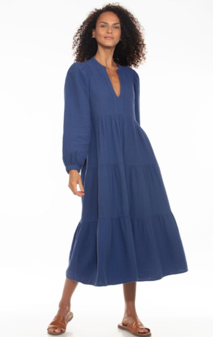 Cotton Guaze Tiered Midi Dress - Space Blue