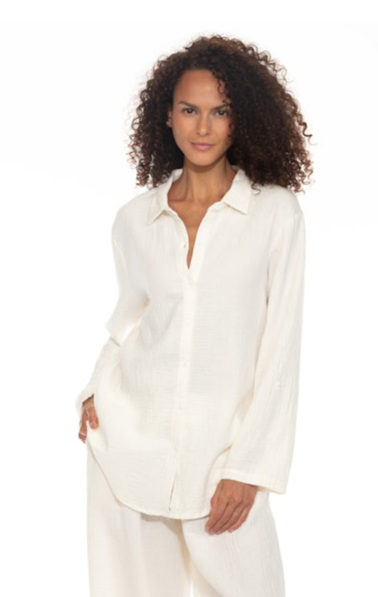 Long Sleeve Cotton Gauze Top - French White