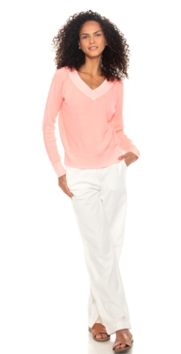 V-Neck Cotton Sweater Tee - Coral Passion