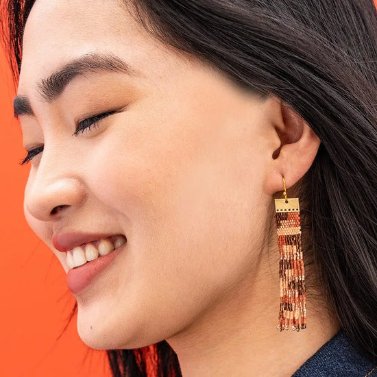 Ada Color Block Beaded Fringe Earrings - Apricot & Bronze