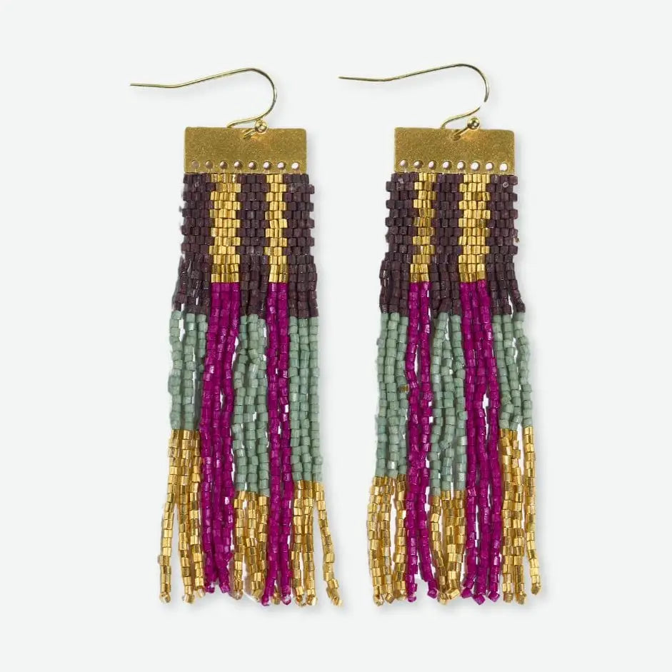 McKenzie Brass Long Beaded Fringe Earrings - Ember Gold & Mint
