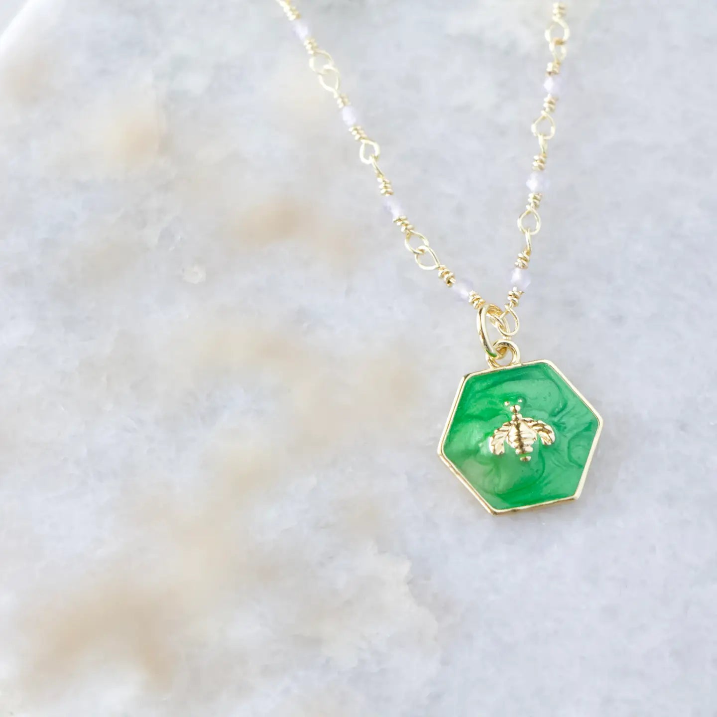 Enameled Bee Necklace with Moonstone Beads