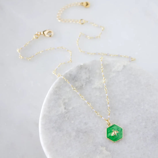 Enameled Bee Necklace with Moonstone Beads