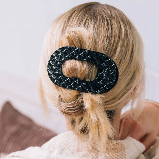 Round Flat Hair Clip - Jet Black Quilted - Large
