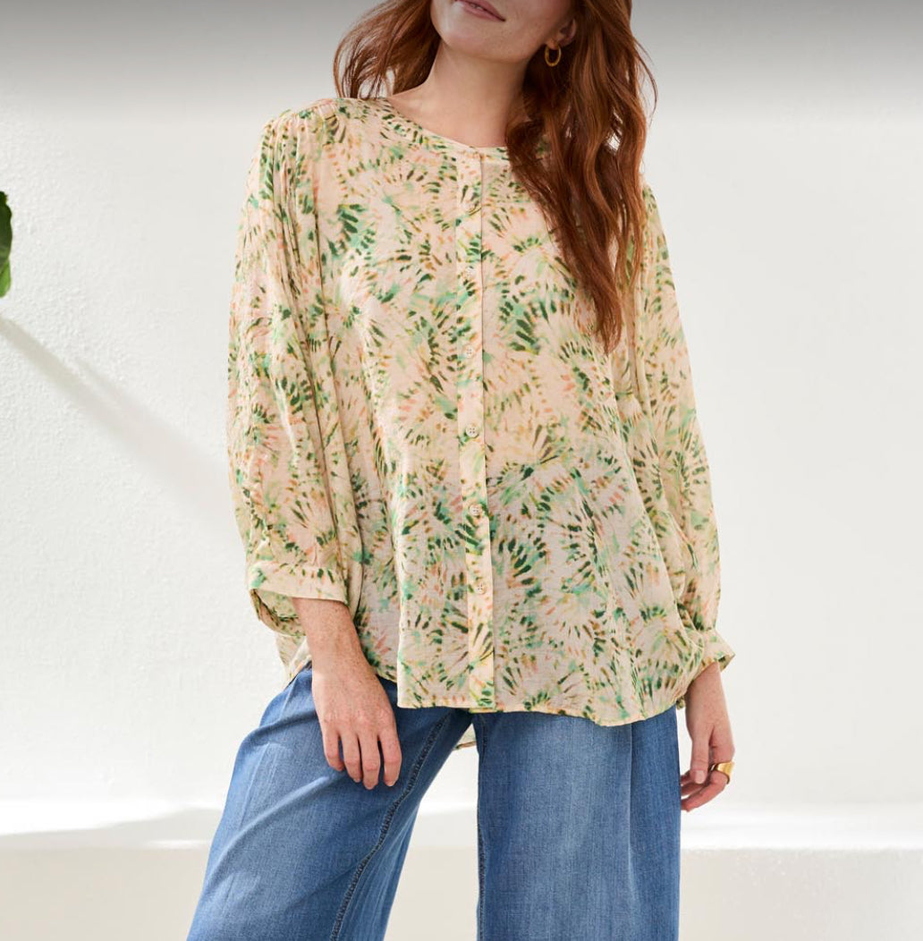 Dolman Sleeve Top with Covered Buttons - Cactus Clay
