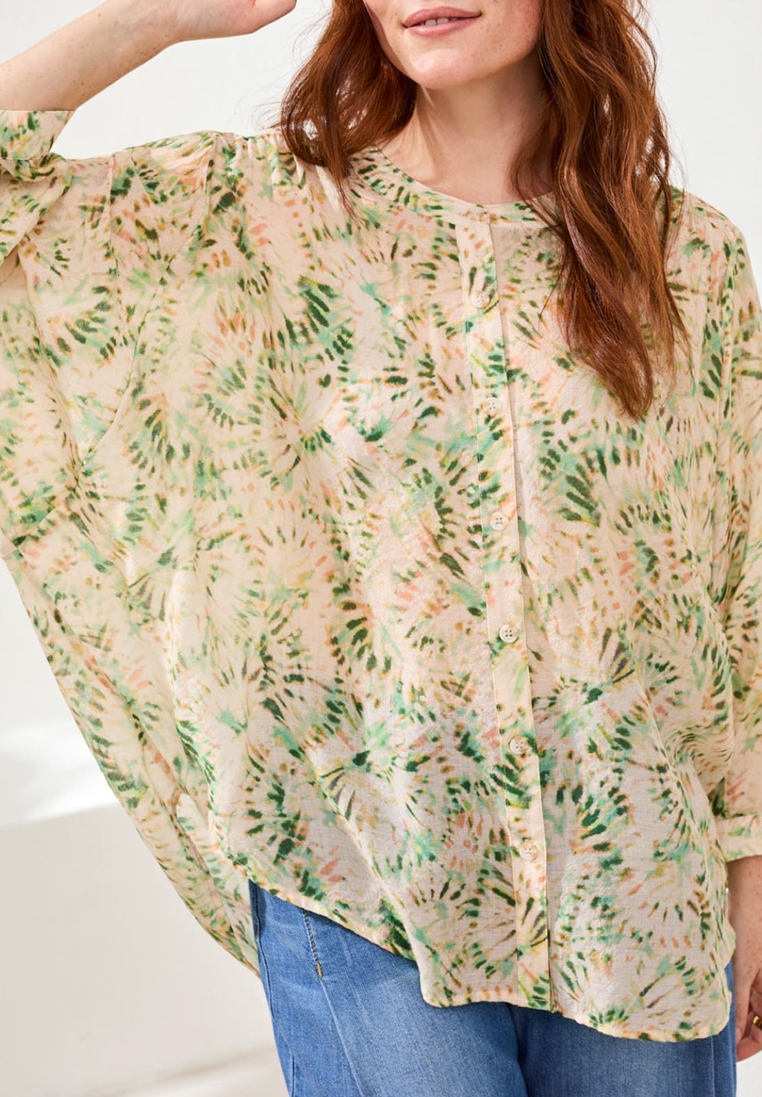 Dolman Sleeve Top with Covered Buttons - Cactus Clay