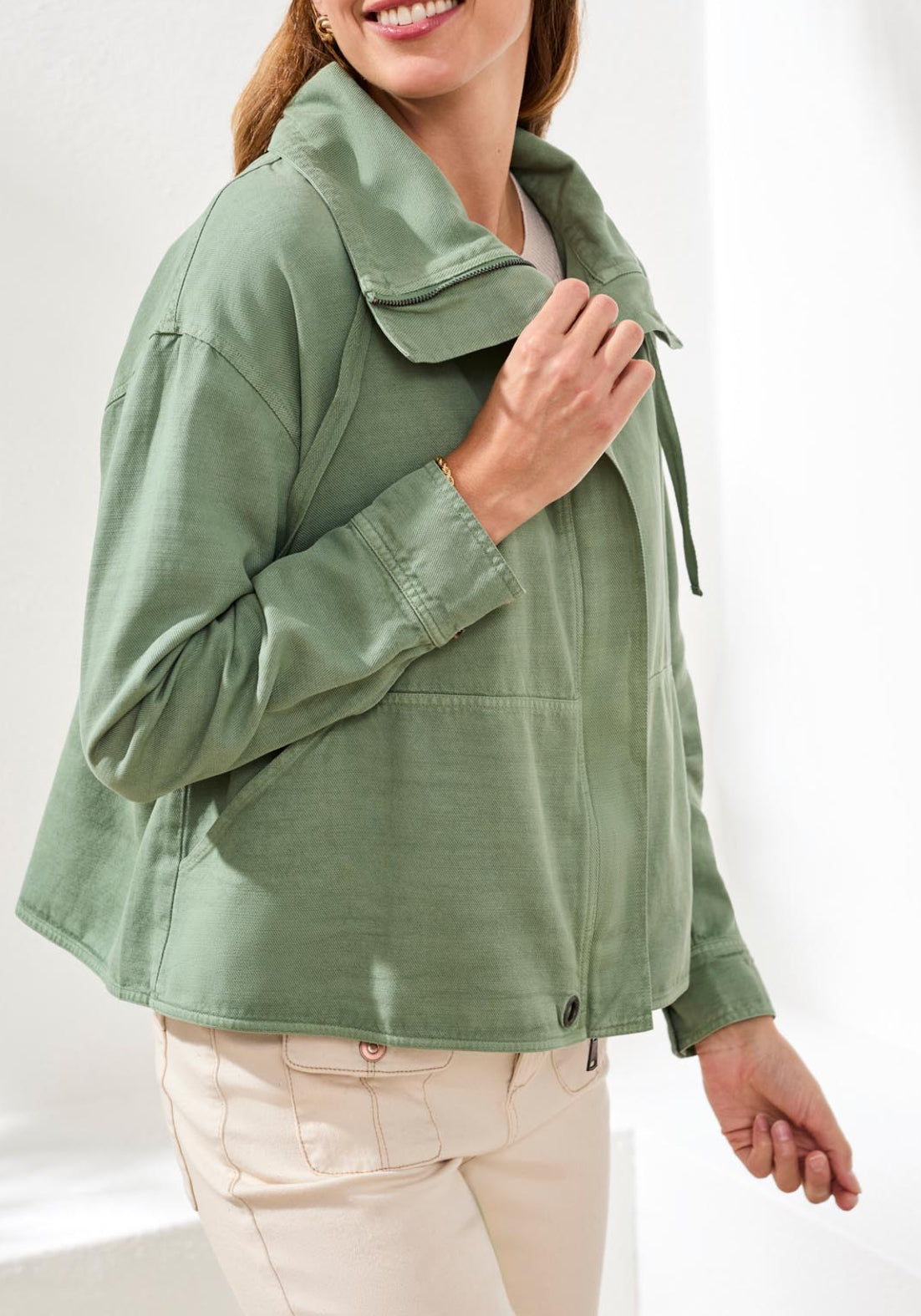 Button Front Jacket with Drawcord - Moss