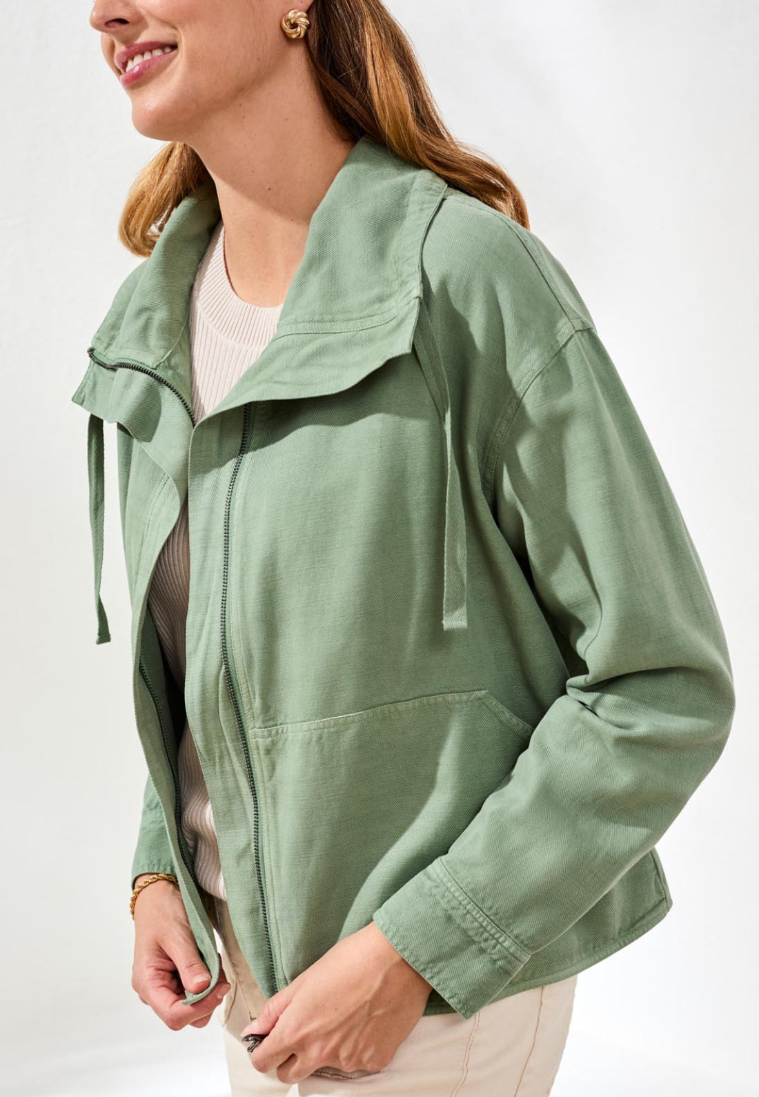 Button Front Jacket with Drawcord - Moss