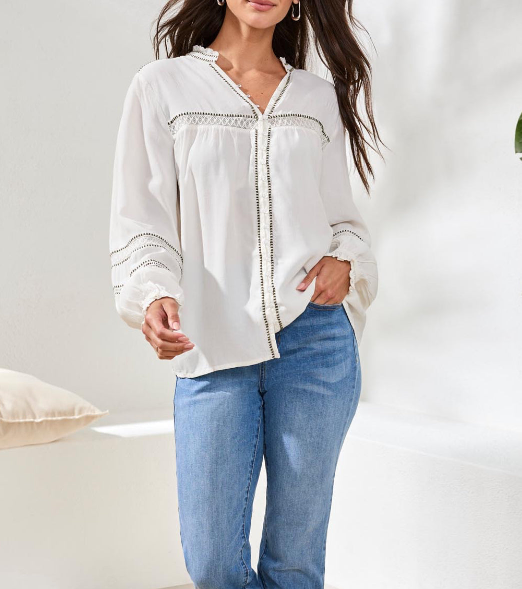 Button Front Novelty Top - Eggshell