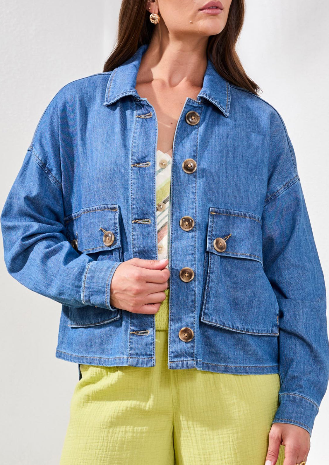 Button Front Jacket with Patch Pockets - Fjord Blue