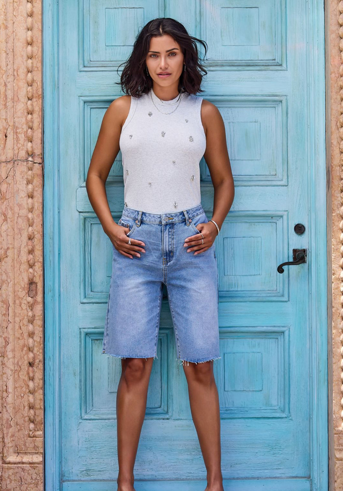 Embellished Racer Back Tank Top - Light Grey Mix