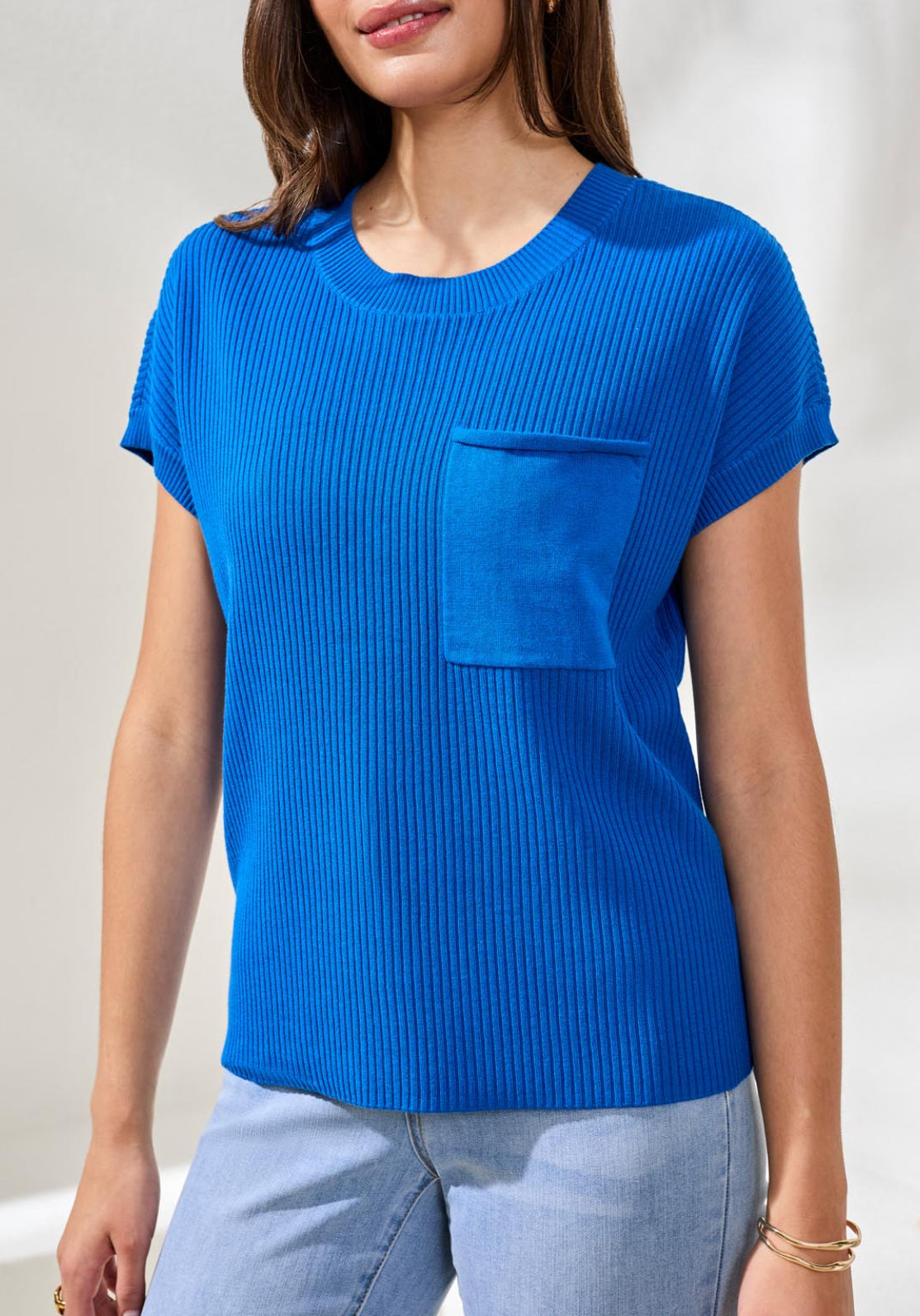 Short Sleeved Dolman Sweater with Pocket - Turkish Sea