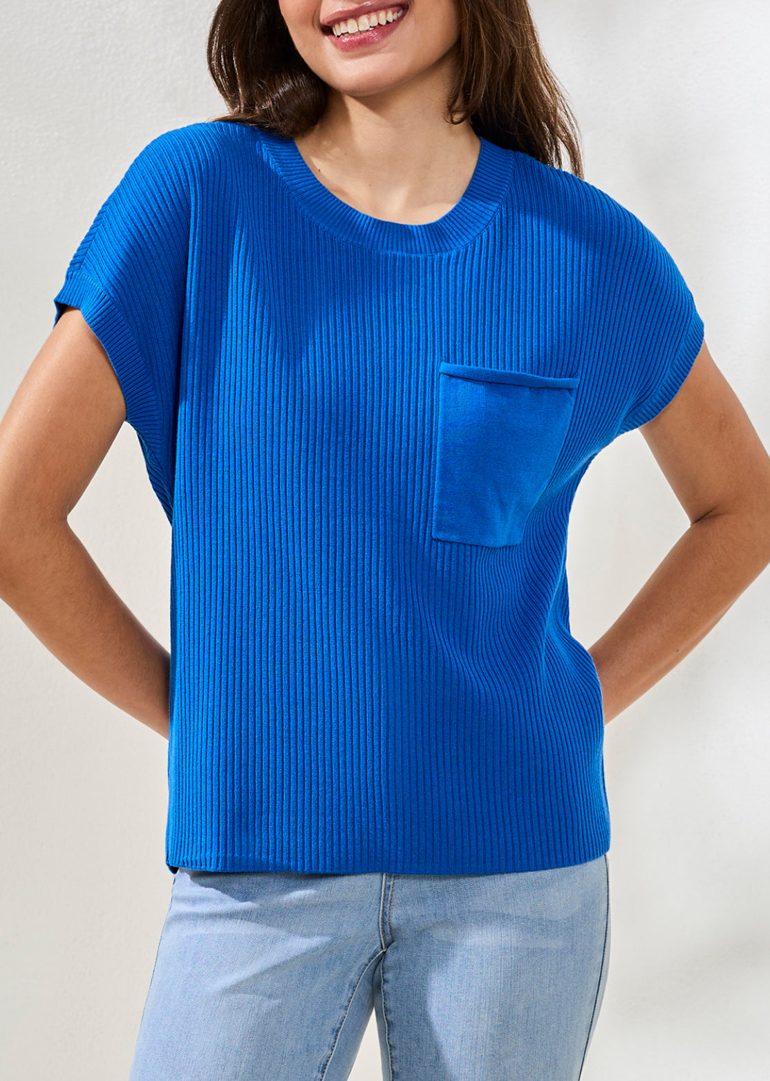 Short Sleeved Dolman Sweater with Pocket - Turkish Sea