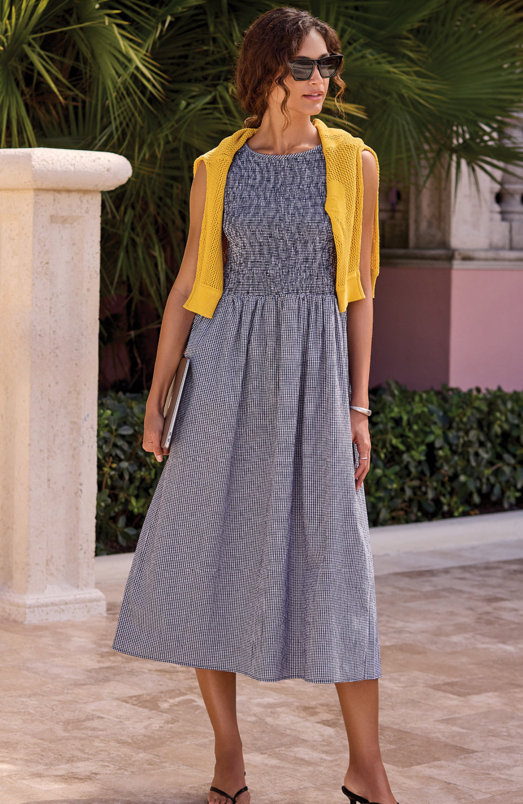 Sleeveless Dress with Ruched Bodice - Black/White Checks