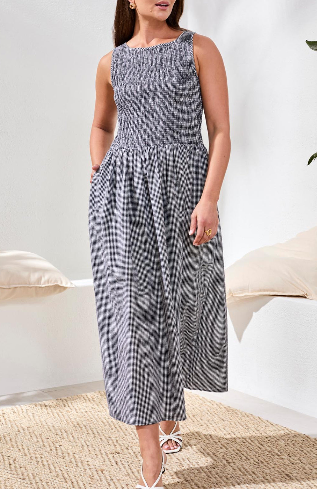 Sleeveless Dress with Ruched Bodice - Black/White Checks