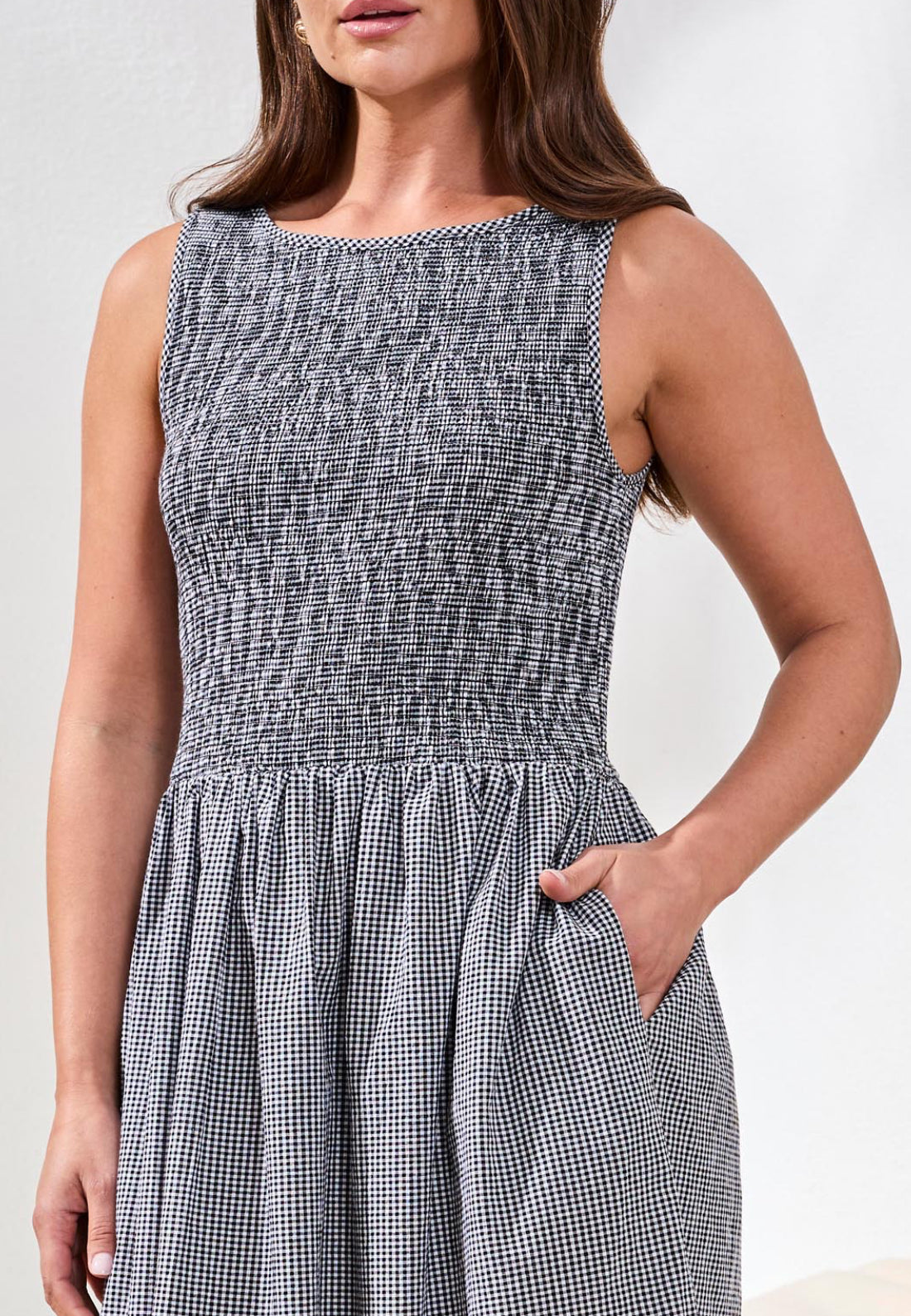 Sleeveless Dress with Ruched Bodice - Black/White Checks