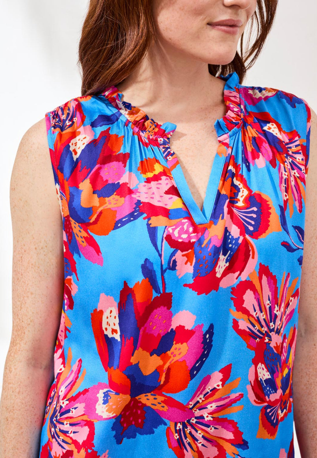 Sleevesless Top with Neck Frills - Turkish Sea