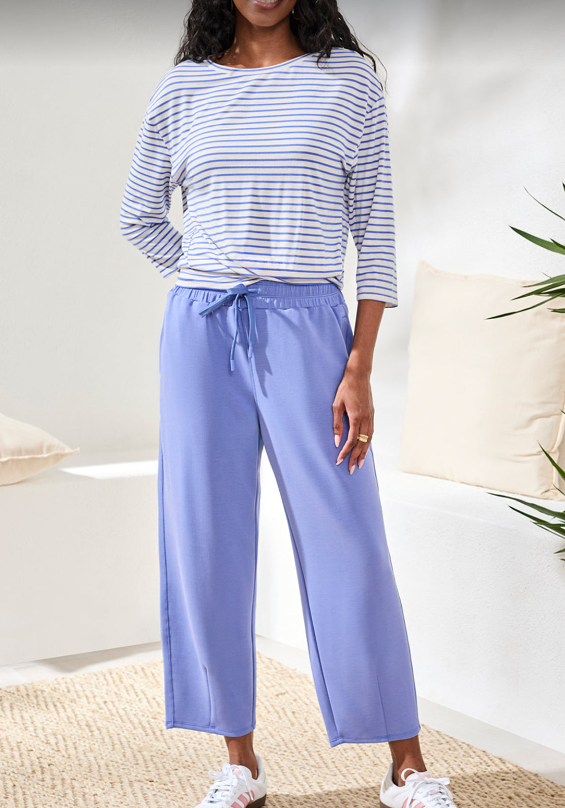 Boat Neck Striped Top with Front Knot - Baja Blue