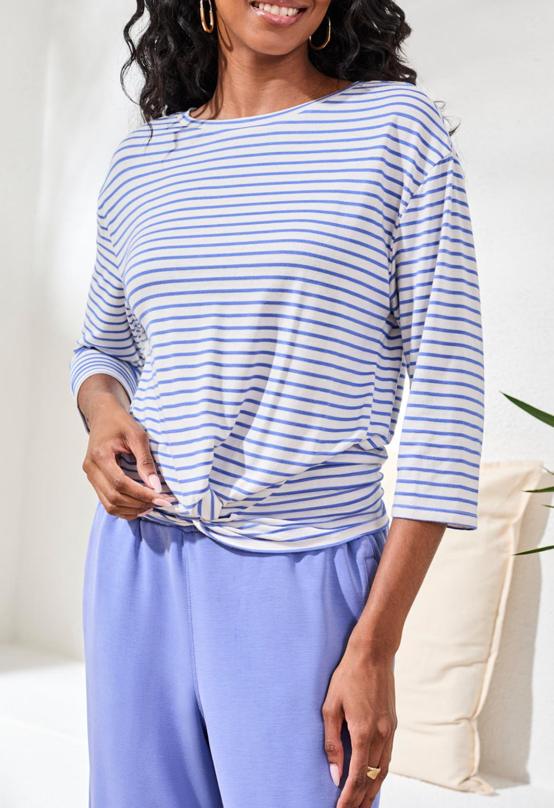 Boat Neck Striped Top with Front Knot - Baja Blue