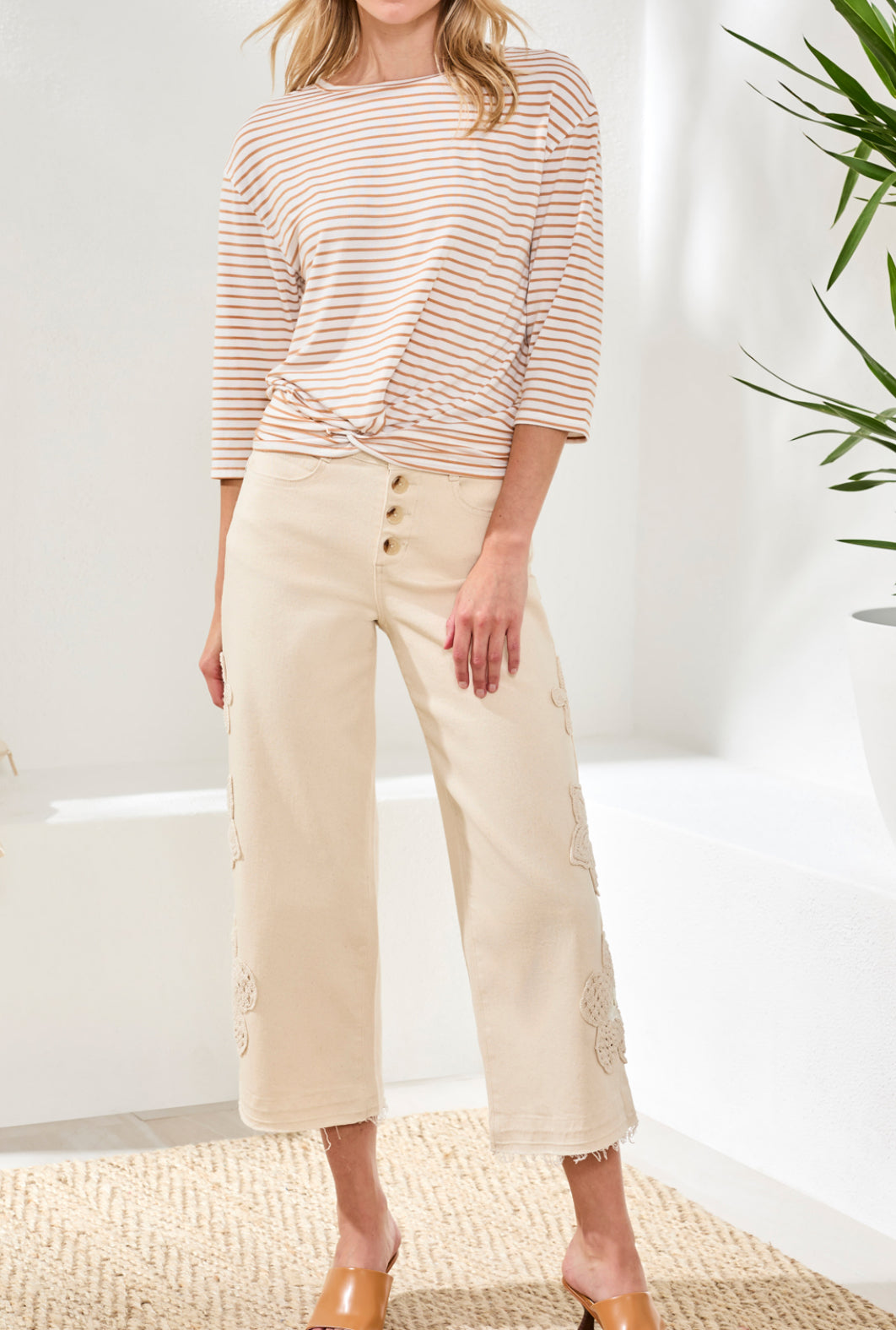 Boat Neck Striped Top with Front Knot - Sahara Beige