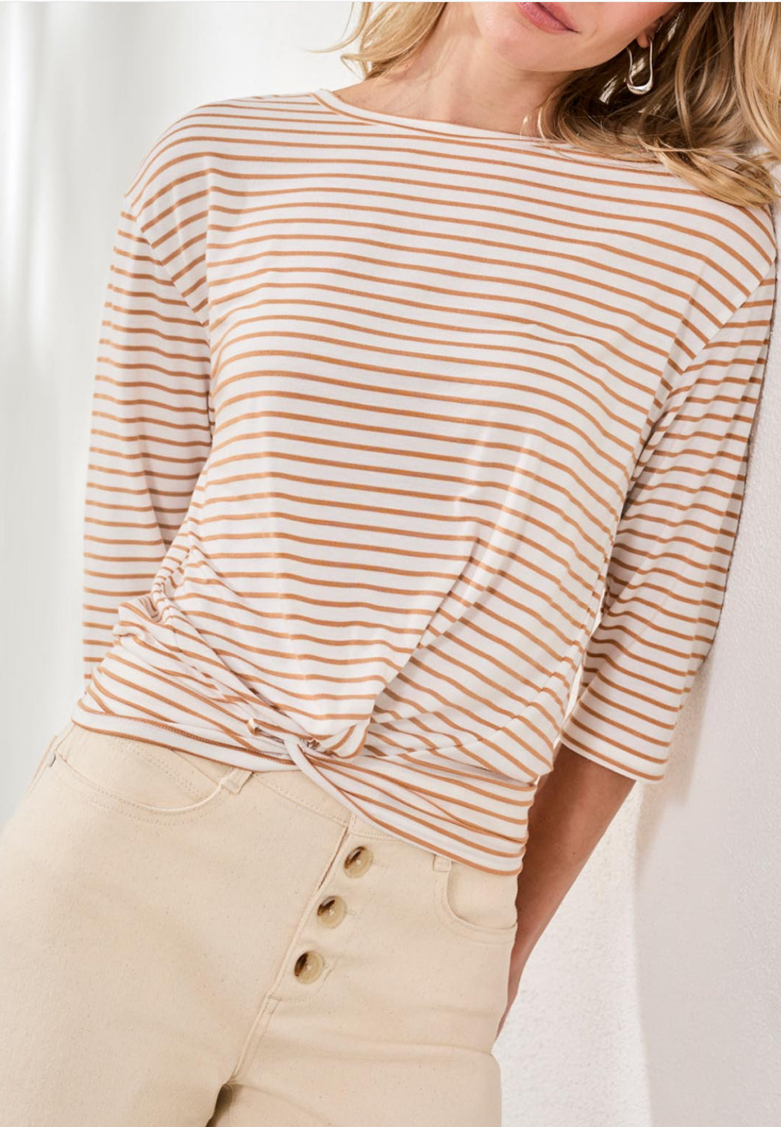 Boat Neck Striped Top with Front Knot - Sahara Beige