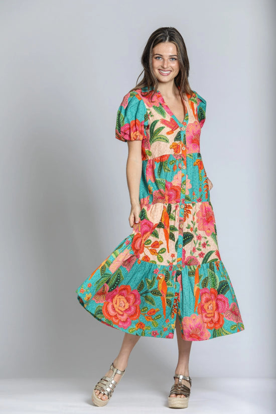Long Tiered Mix Print Dress - Turquoise