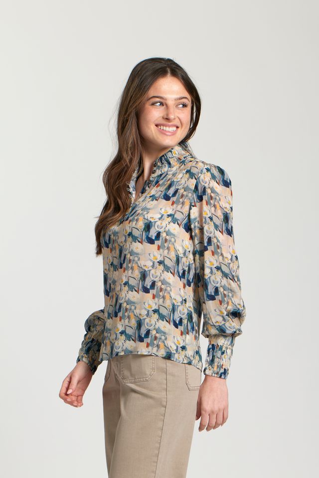 Long Sleeve Top with Stand Up Collar - Steel Blue