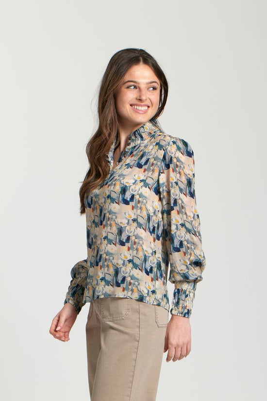 Long Sleeve Top with Stand Up Collar - Steel Blue