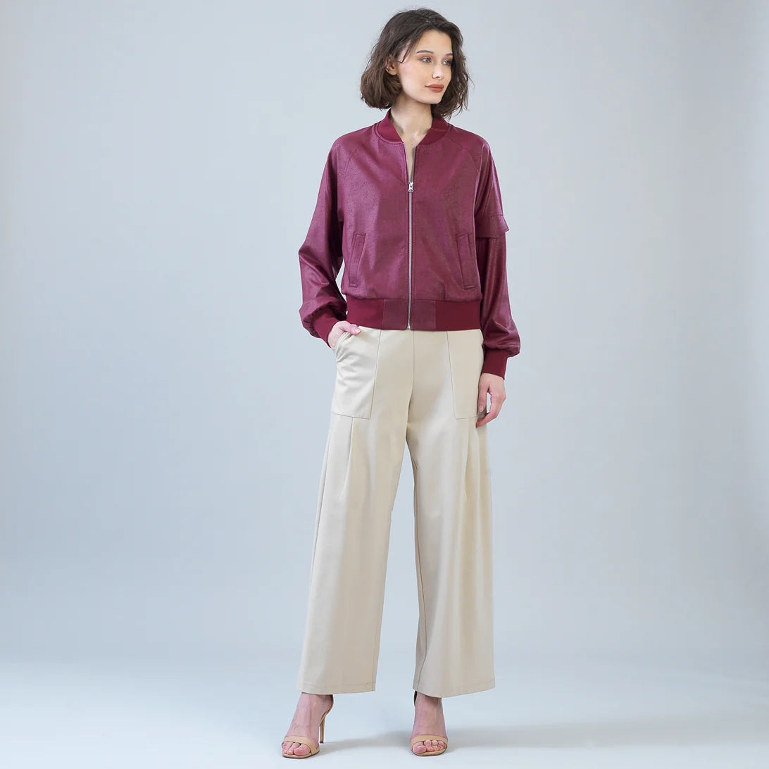 Liquid Leather Bomber Jacket - Merlot