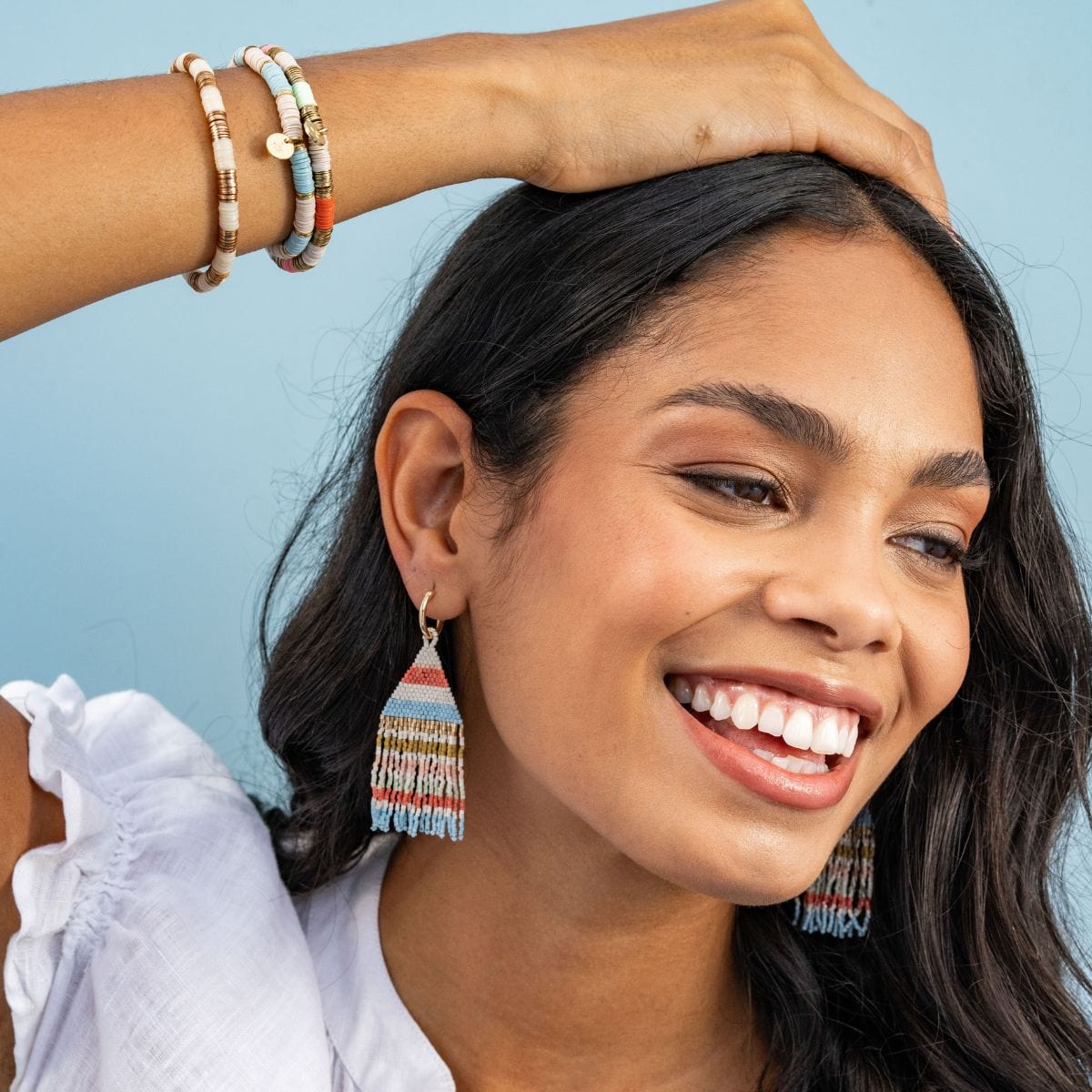 James Mini Fringe Earrings With Beaded Gold Horizontal Lines - Amalfi