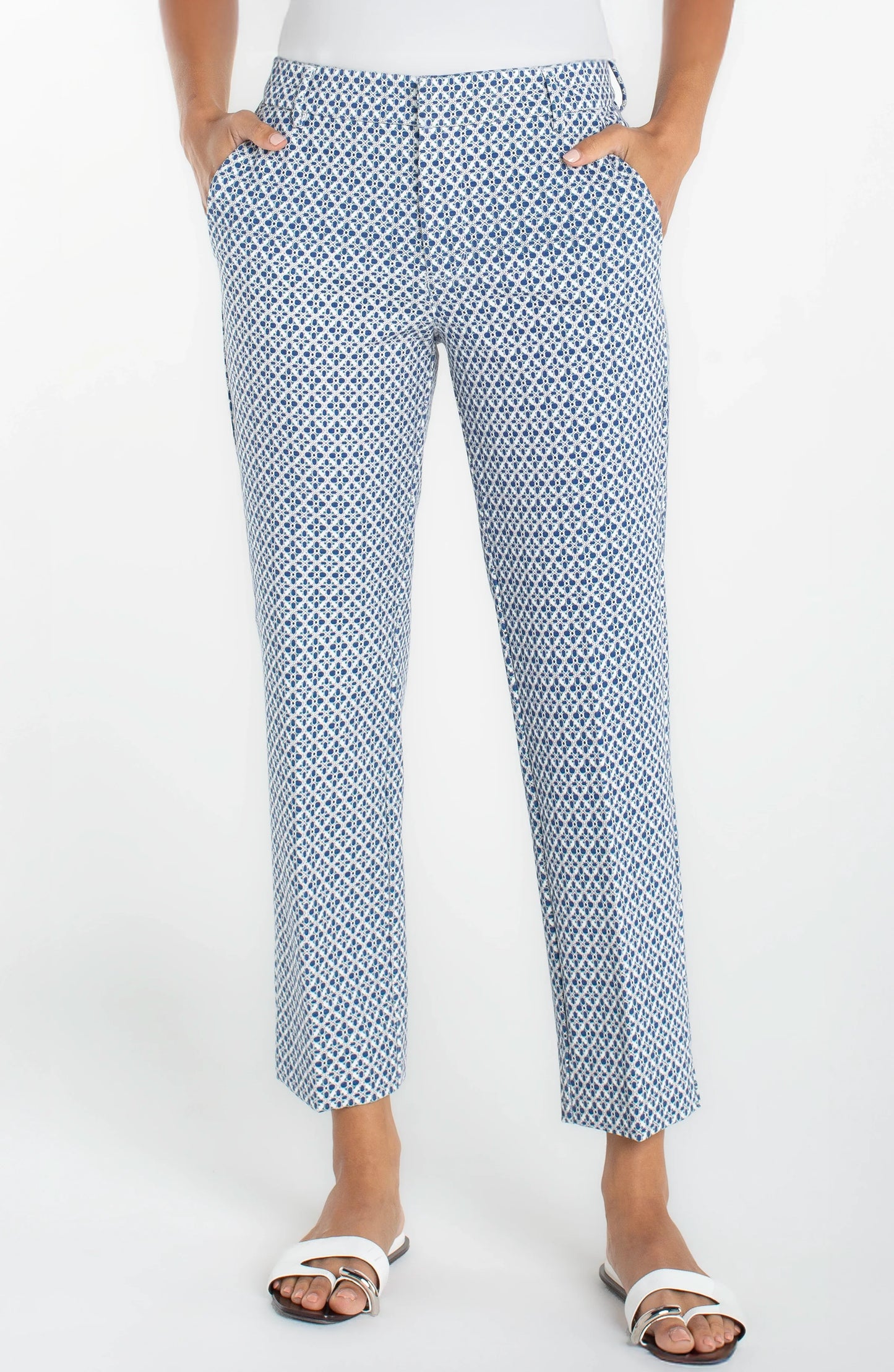 Kelsey Pants with Slits - Blue White Tile Print