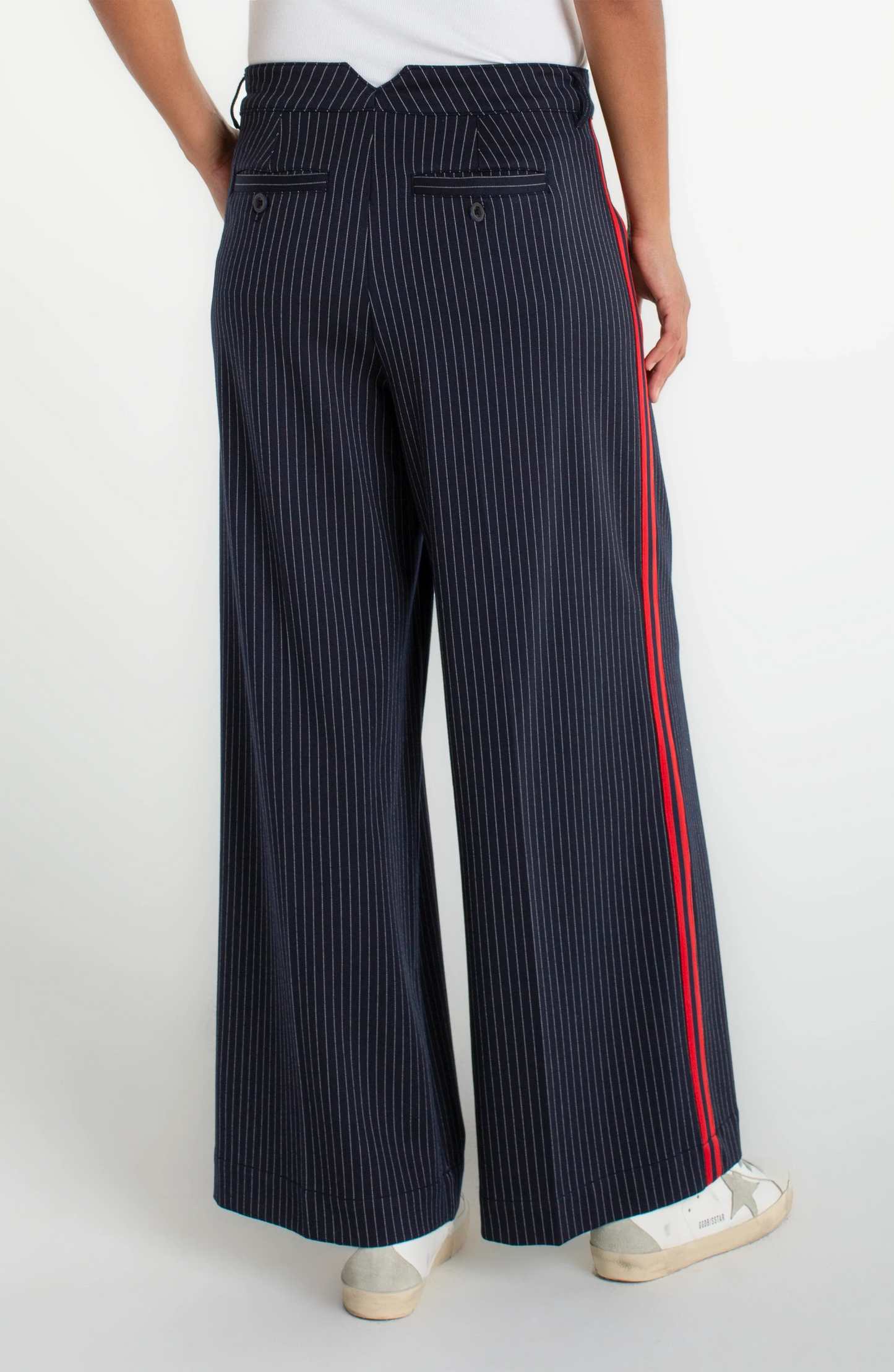 Wide Leg Pleated Pants with Side Stripe - Midnight Stripe