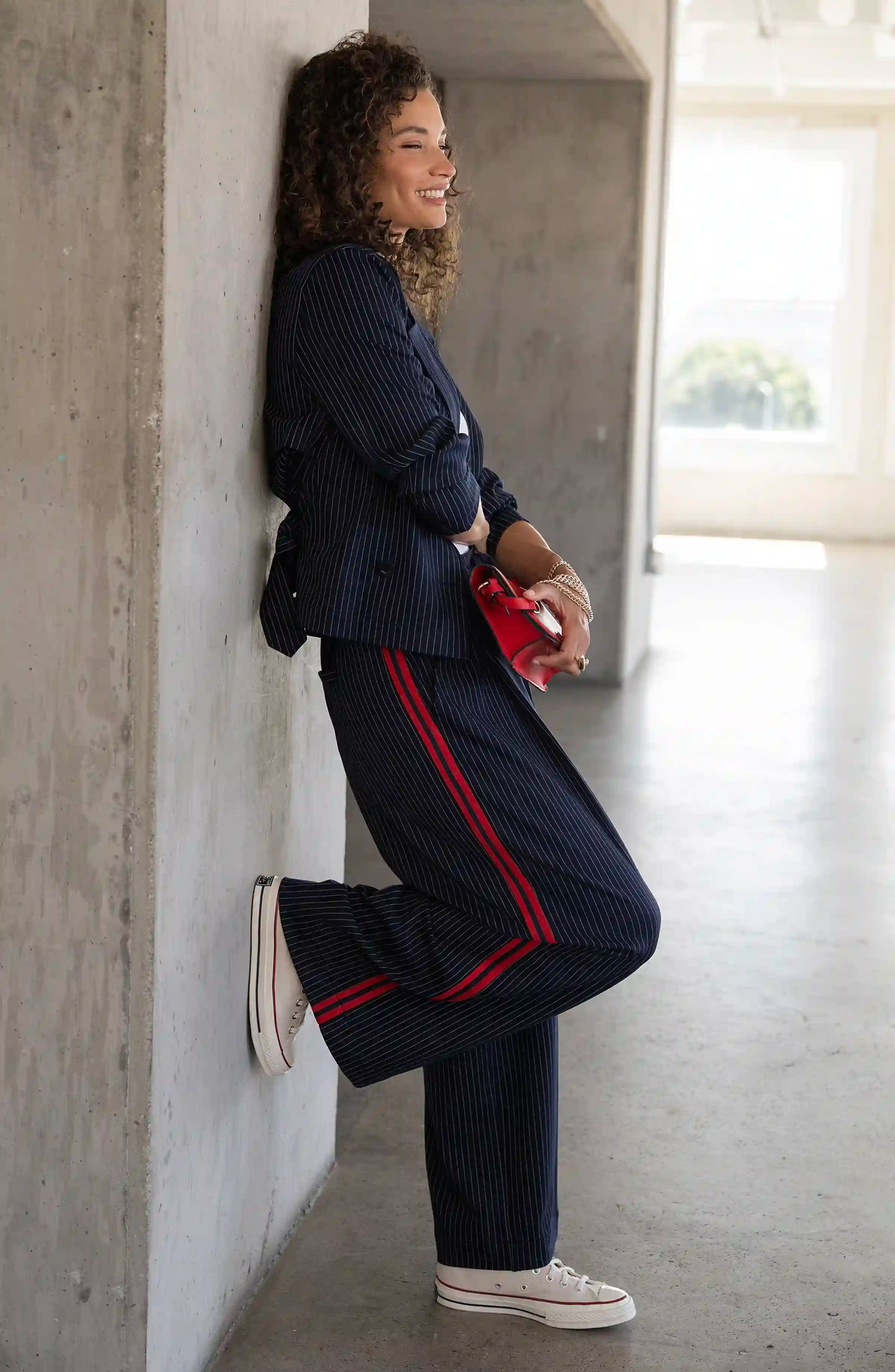 Wide Leg Pleated Pants with Side Stripe - Midnight Stripe