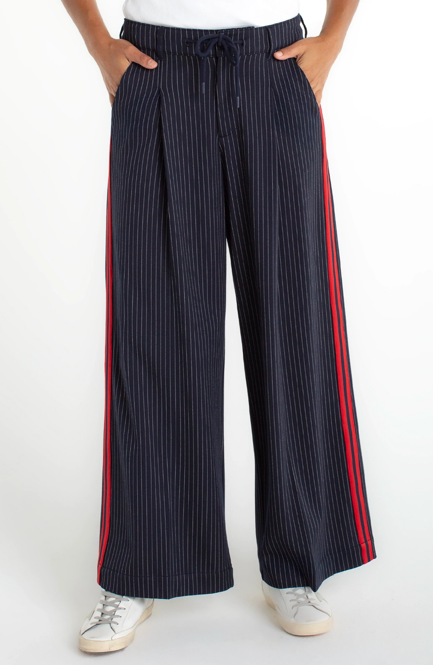 Wide Leg Pleated Pants with Side Stripe - Midnight Stripe