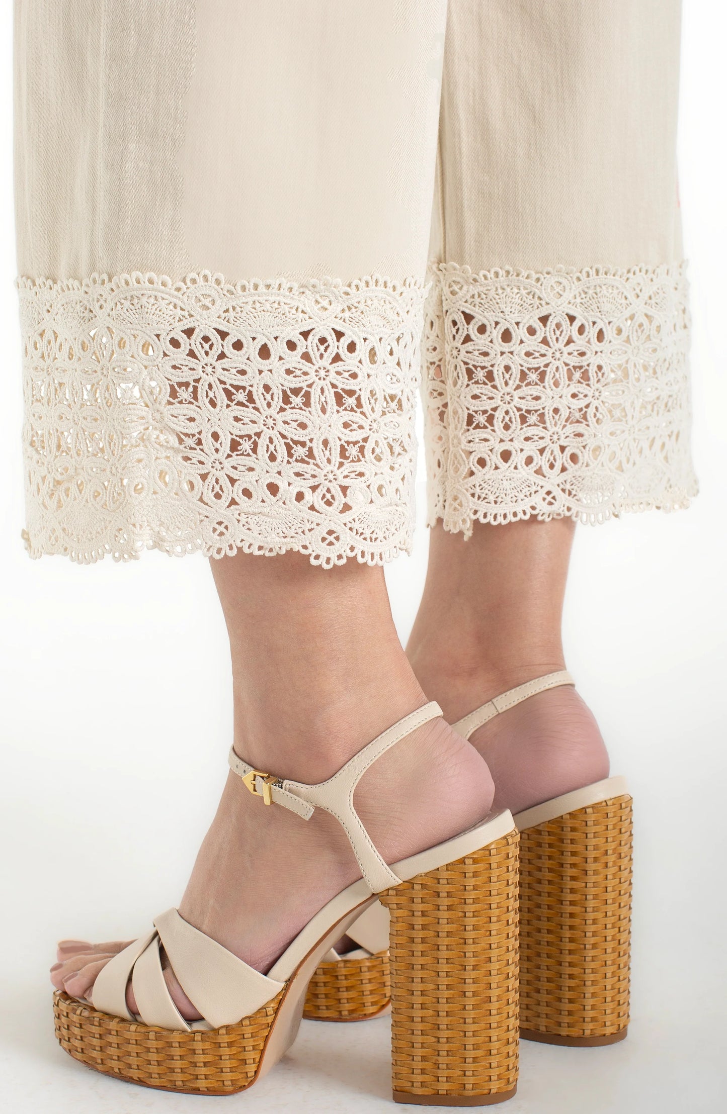 Stride Wide Leg Pants with Lace Trim - Ecru