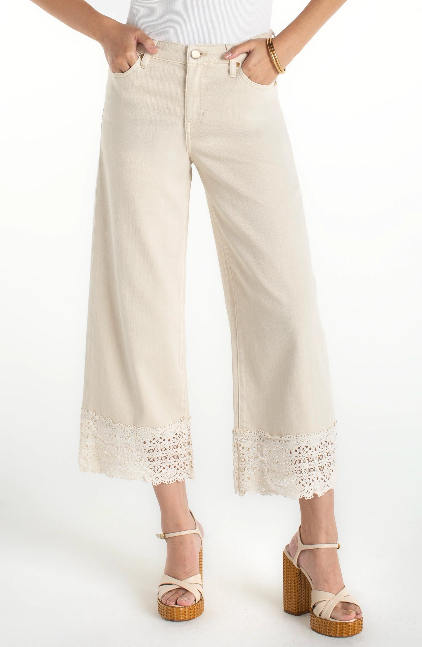 Stride Wide Leg Pants with Lace Trim - Ecru