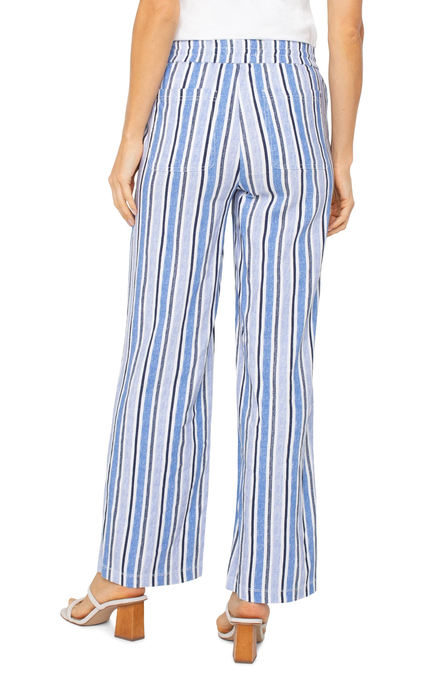 Wide Leg Pull-On Pants with Drawstring - White/Blue Stripe
