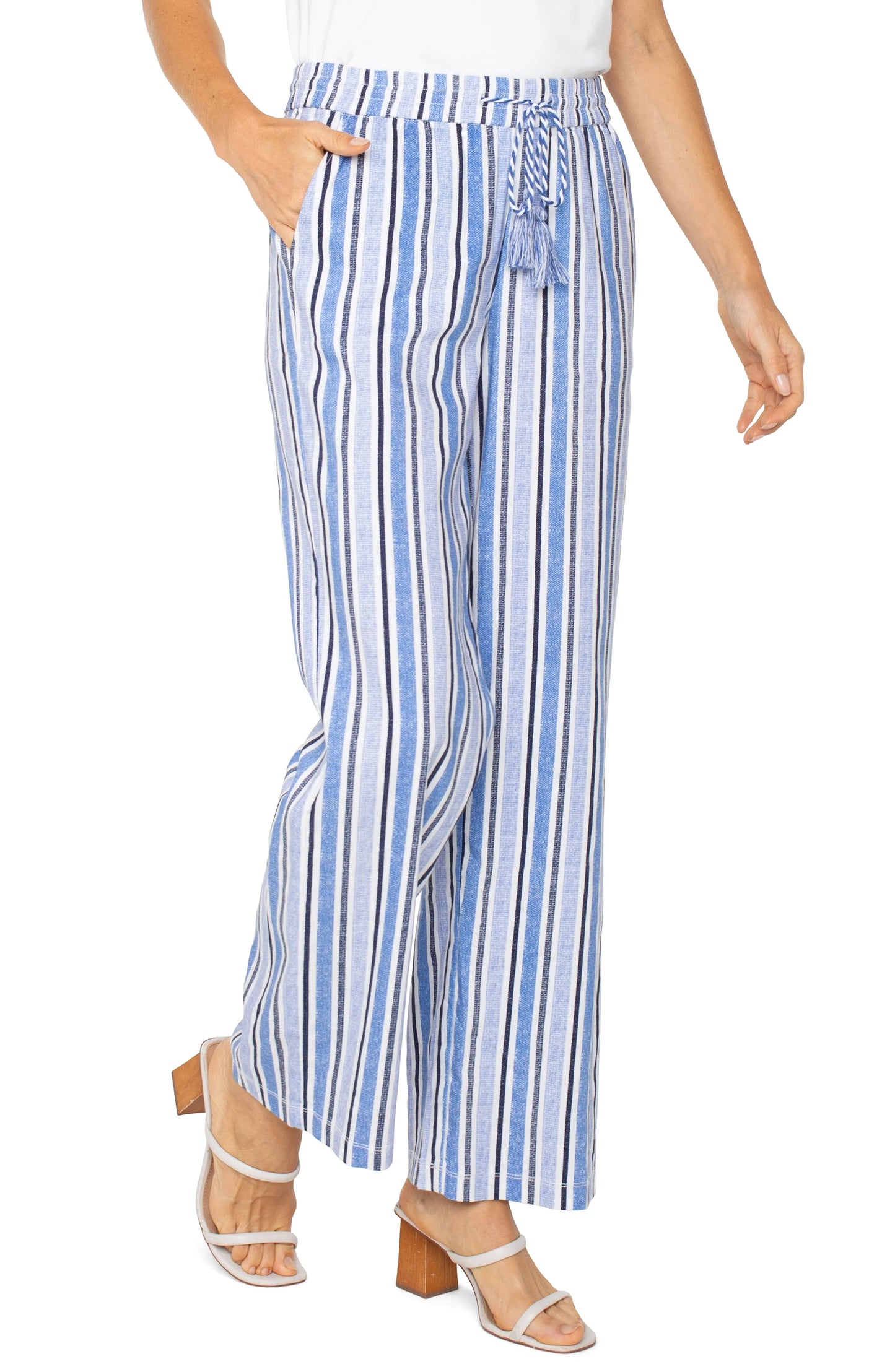 Wide Leg Pull-On Pants with Drawstring - White/Blue Stripe