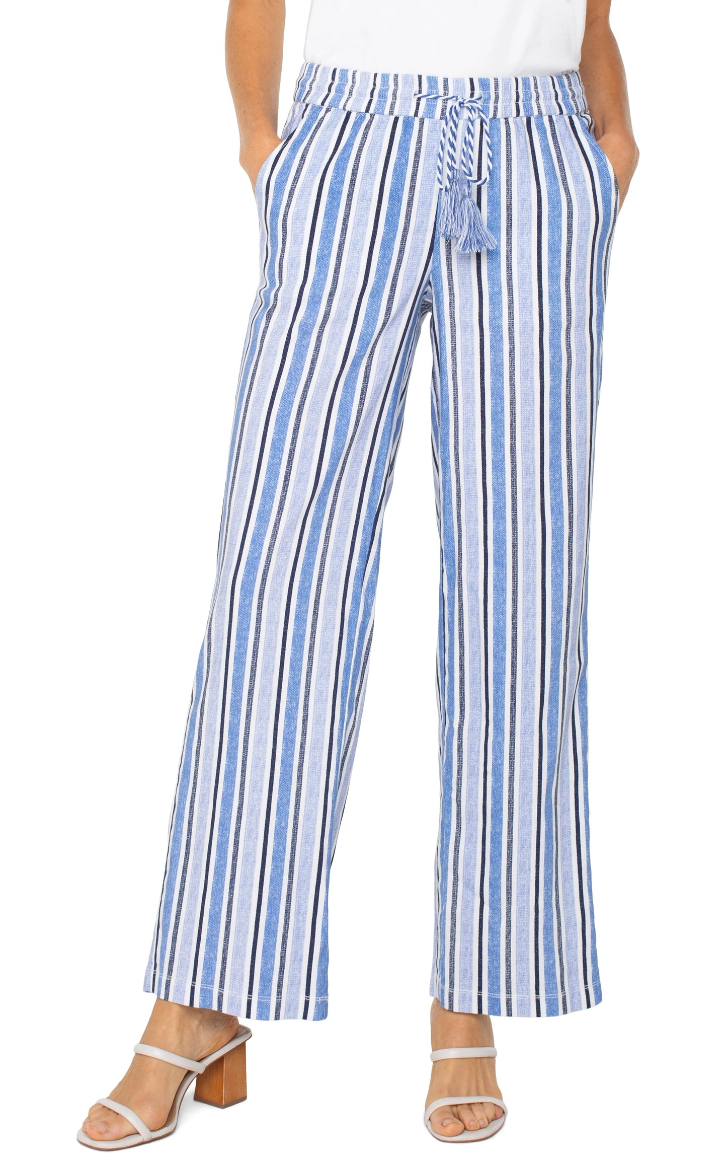 Wide Leg Pull-On Pants with Drawstring - White/Blue Stripe