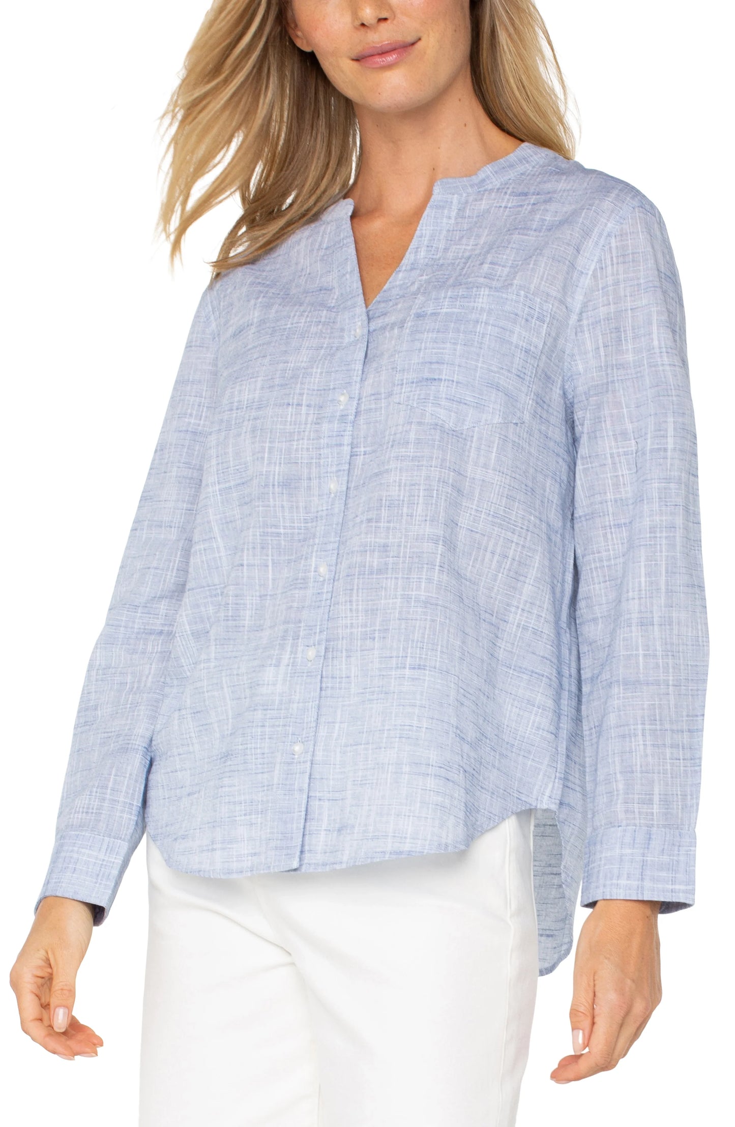 Long Sleeve Button Front Top with Banded Collar - Blue/White