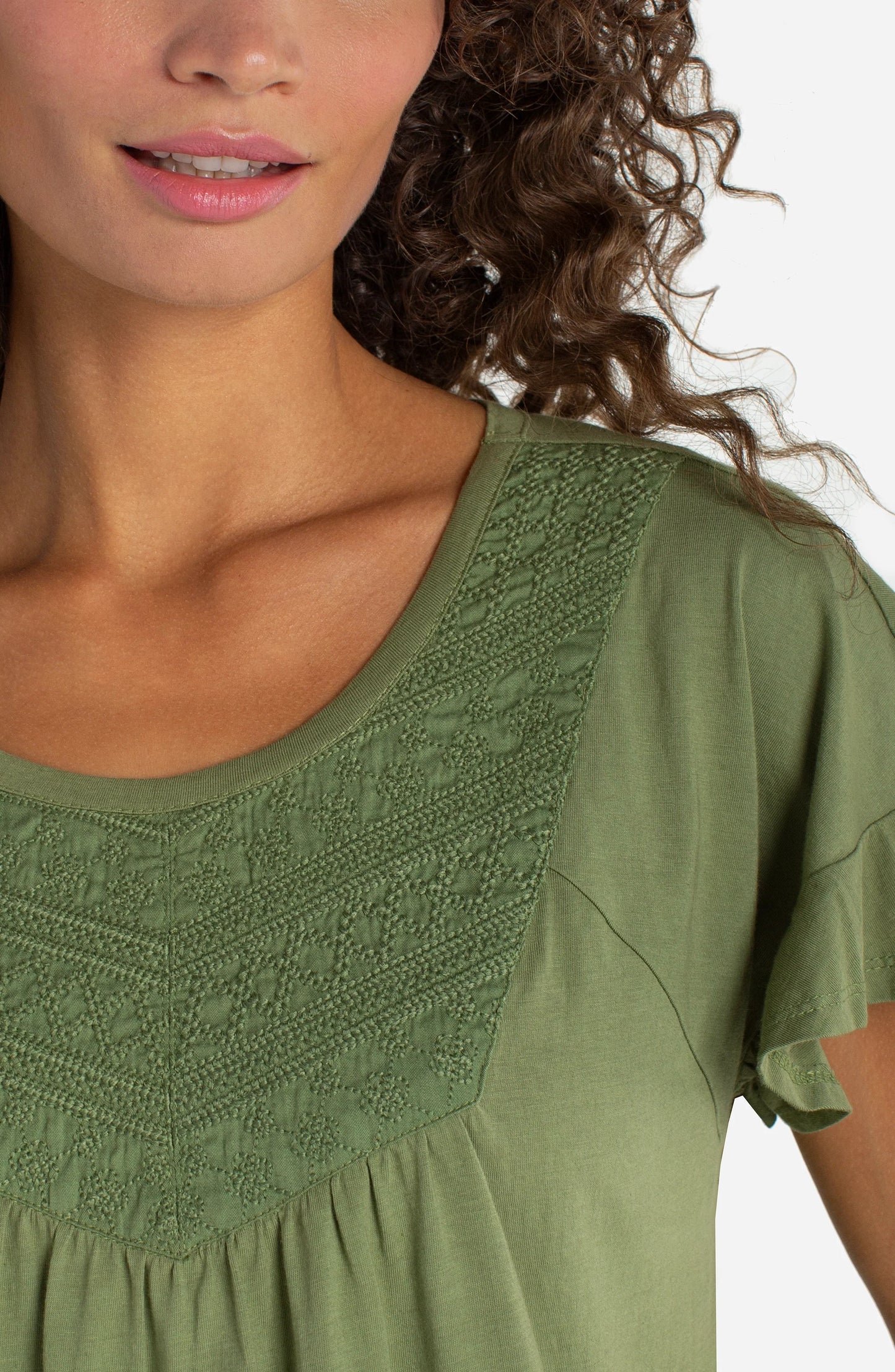 Flutter Sleeve Knit Embroidered Top - Juniper Green