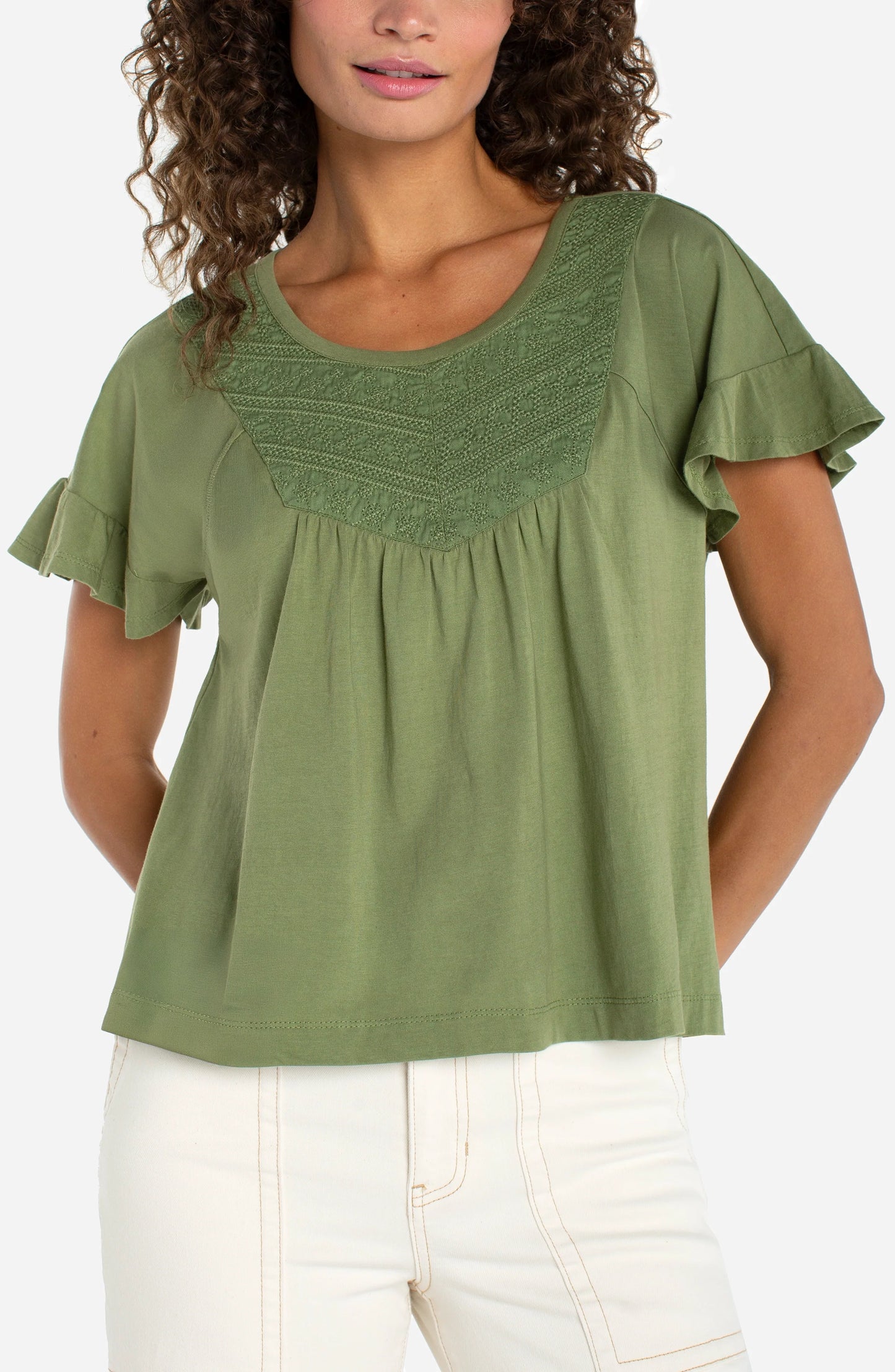 Flutter Sleeve Knit Embroidered Top - Juniper Green