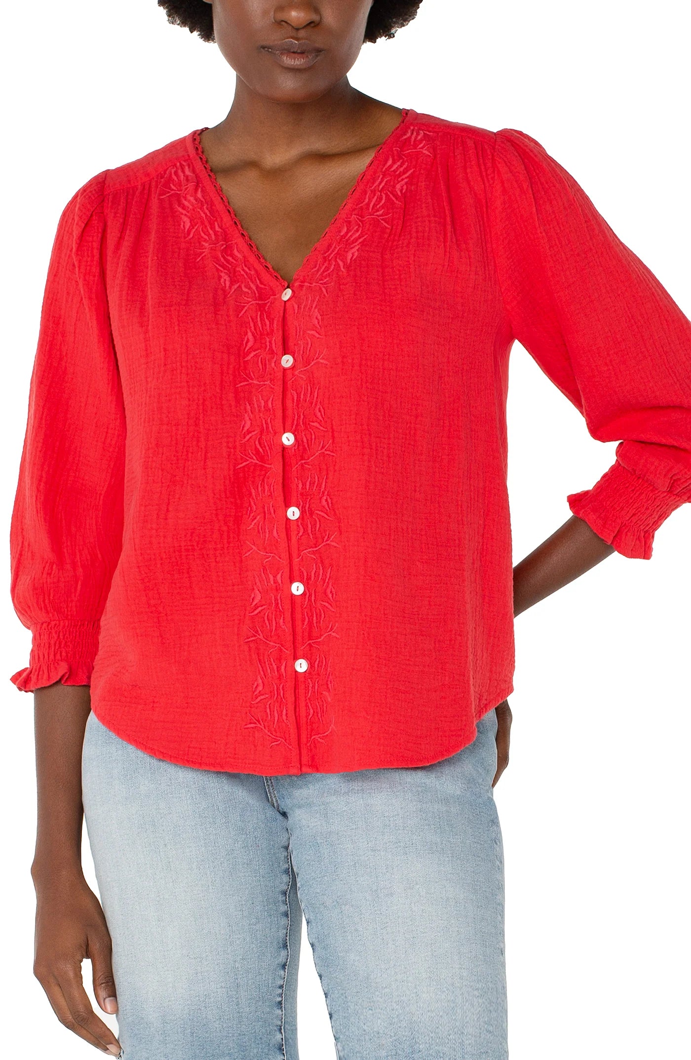Embroidered Top with 3/4 Sleeves - Geranium