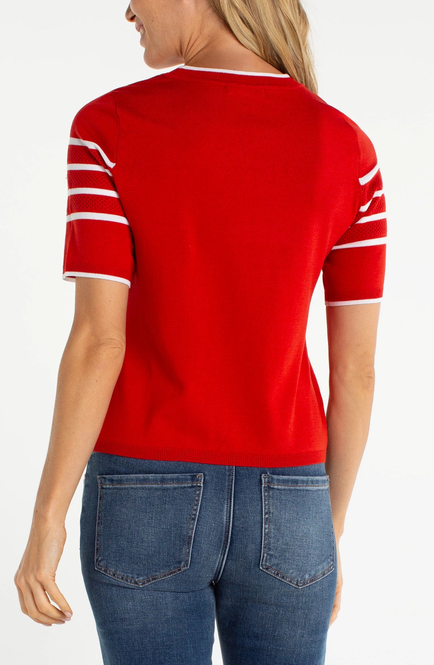 Short Sleeved Crew Neck Sweater - Fire Brick Stripe