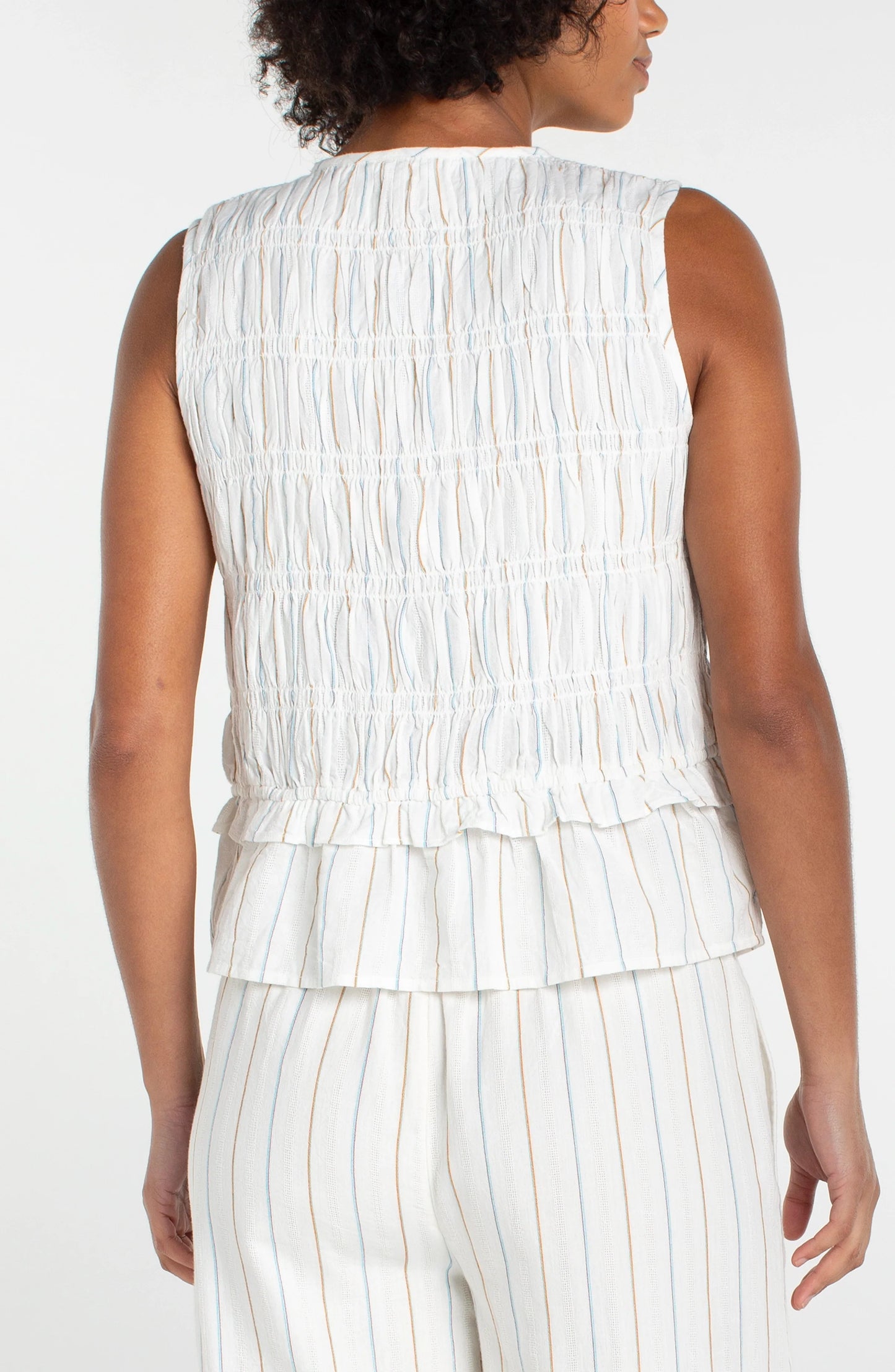 Sleeveless Top with Smocking - Cream/Blue