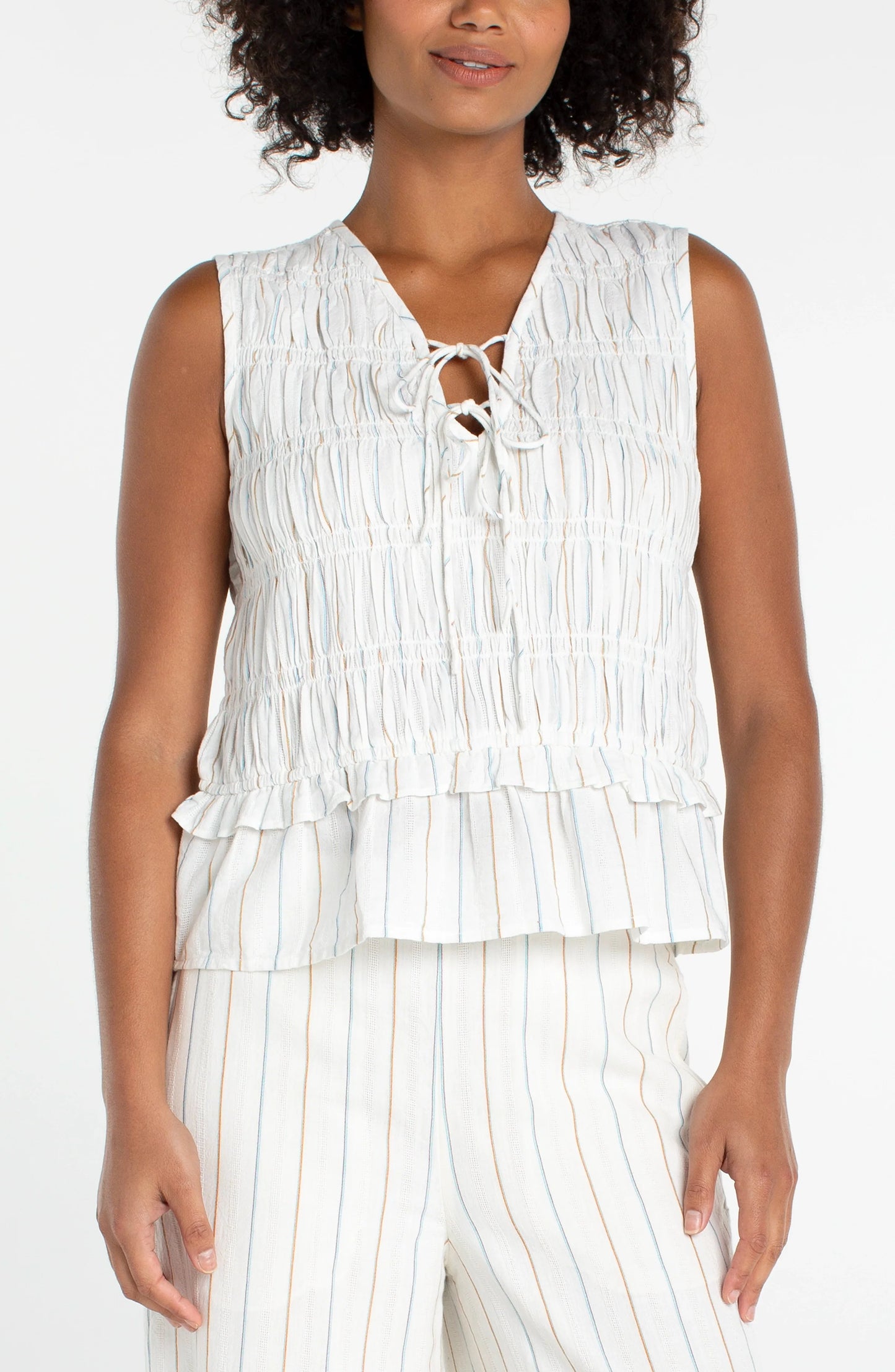 Sleeveless Top with Smocking - Cream/Blue