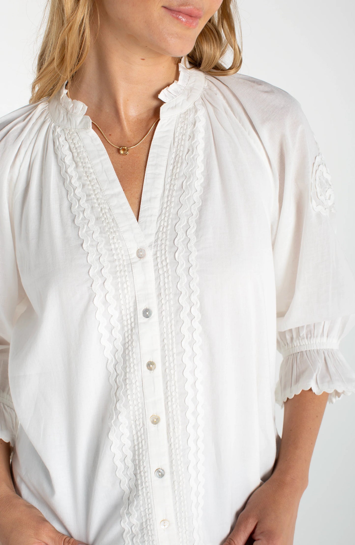 Button Front Top with Embroidery - Bone