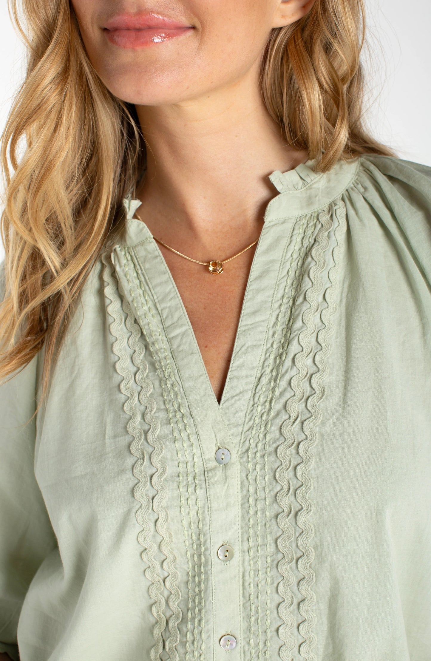 Button Front Top with 3/4 Sleeves - Matcha