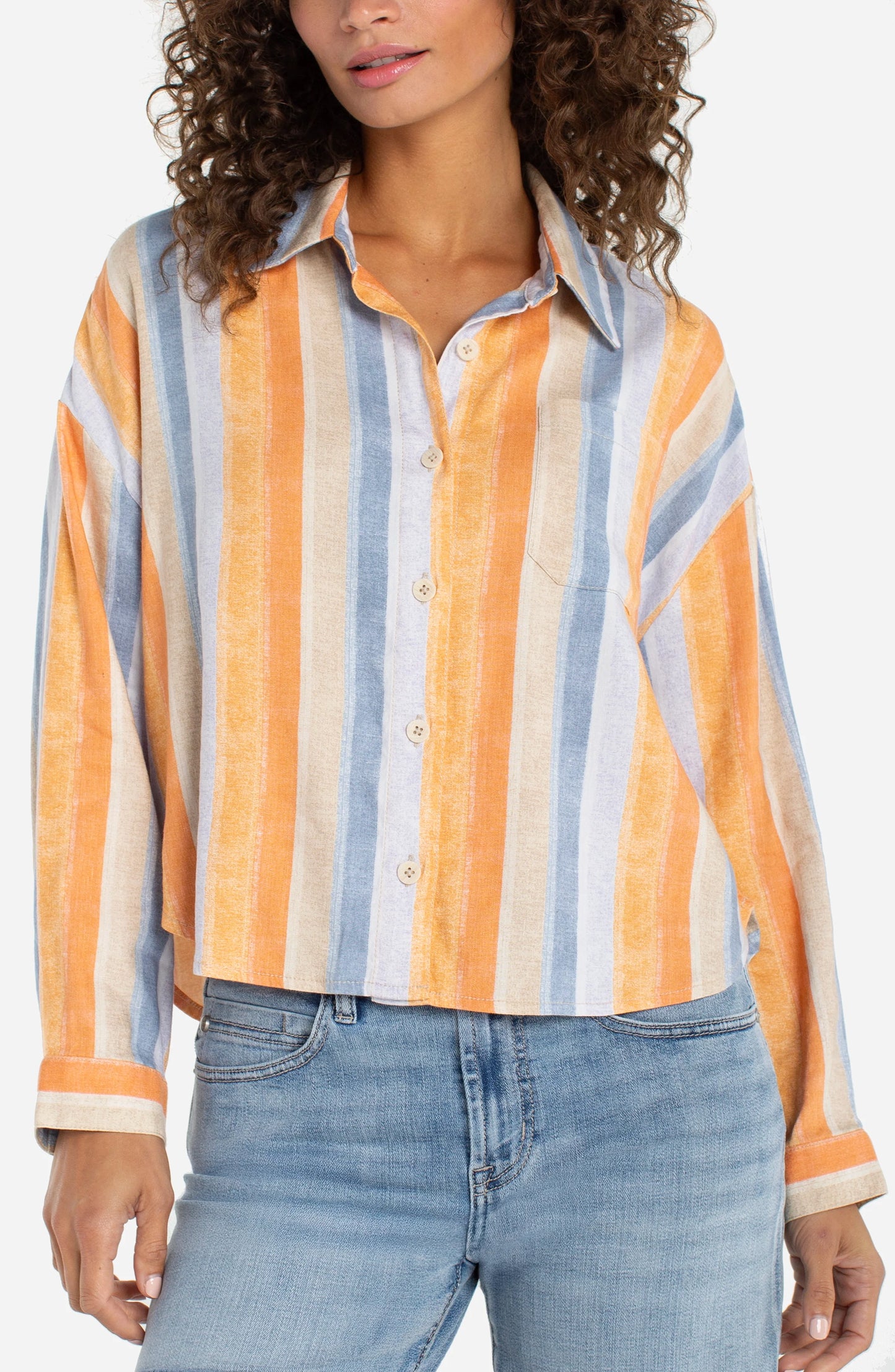 Long Sleeve Relaxed Button Front Top - Multi Stripe